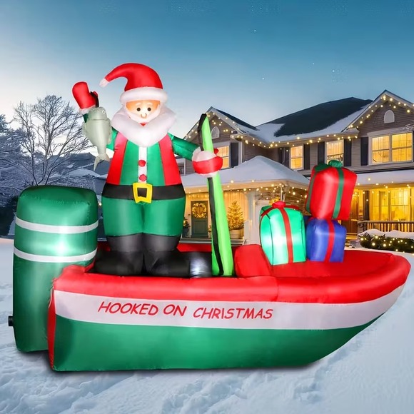 8 foot Hooked on Christmas Airblown Fishing Santa Claus,...